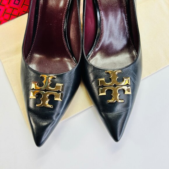 Tory Burch Eleanor Pointed Toe Leather Pump Size 8 Black Kitten Heel Classic - Picture 2 of 16